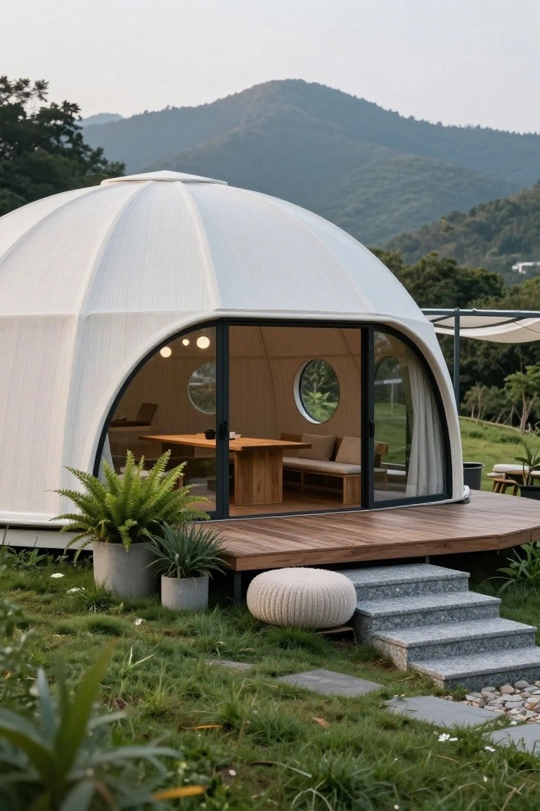 White curved dome home on a raised wooden deck with glass entry doors, surrounded by potted plants, grass, stone steps, and distant green mountains.