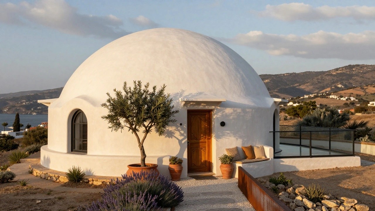 White dome-shaped house exterior on hillside with arched wooden entry door, stone steps with built-in beige cushions on bench, potted olive tree, lavender plants along gravel path, glass balcony railing, hills and sea view.