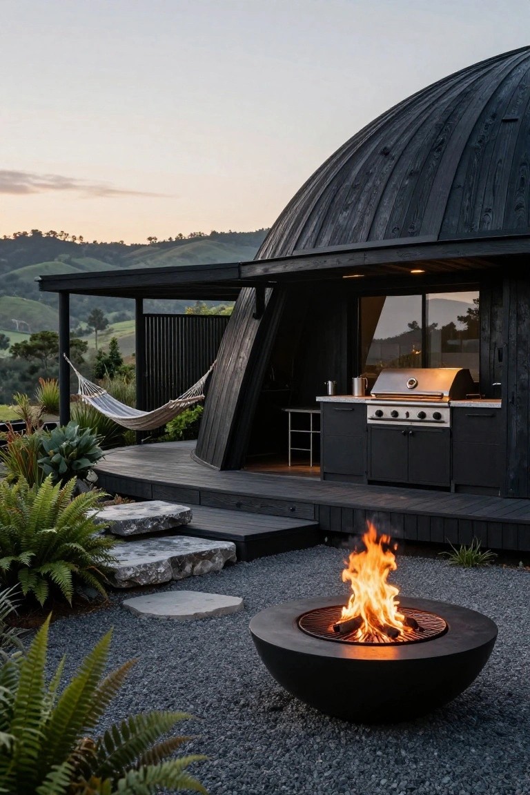 Curved black wooden deck extending from a dome-shaped house, with hammock, built-in barbecue, round concrete fire pit on gravel pad amid plants and stone steps, hillside landscape in background.