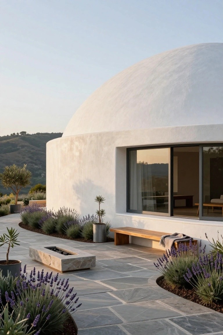 White curved dome house exterior with large sliding glass window and door, gray slate stone patio featuring linear stone fire pit, wooden bench with blanket, potted plants, lavender borders, and surrounding hillside landscape at sunset.