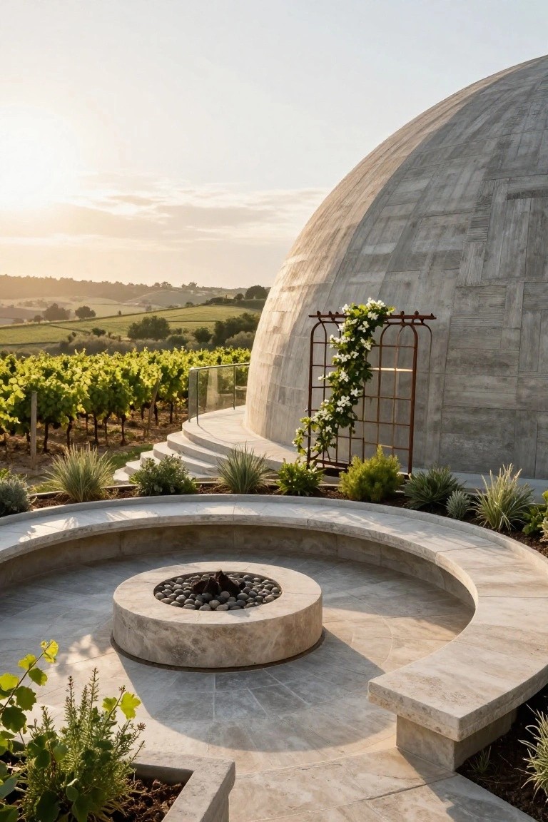 Curved concrete bench seating surrounding a circular stone fire pit on a paved terrace next to a large concrete dome structure, with plants, a vine-covered trellis, steps, and vineyard fields in the background at sunset.