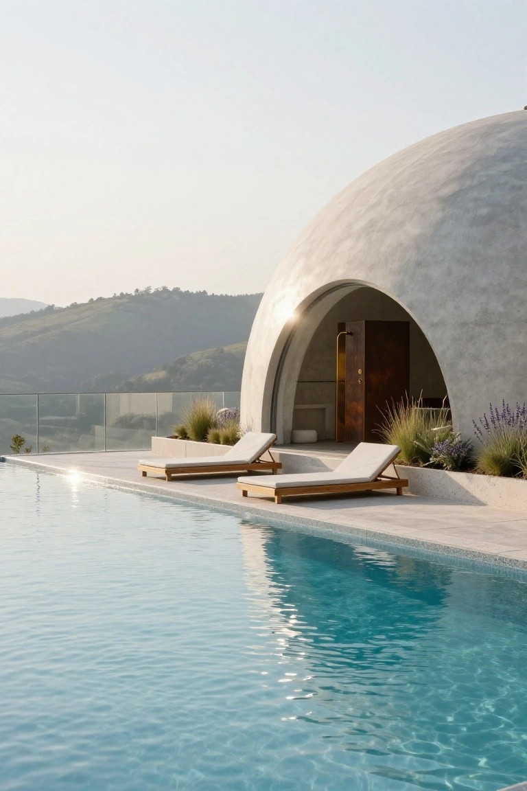 White curved dome house with arched entry and outdoor shower beside a rectangular turquoise pool on a light stone deck with two beige adjustable wooden sun loungers, potted plants and grasses nearby, overlooking green hills at sunset.