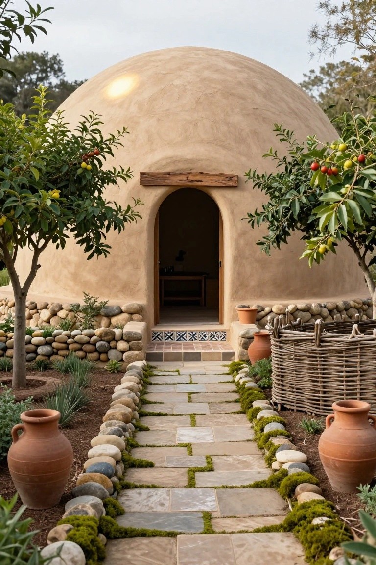 Beige dome-shaped adobe house exterior with dark wooden arched entry door, stone foundation, flagstone path edged in pebbles and moss, flanked by citrus trees and terracotta pots.