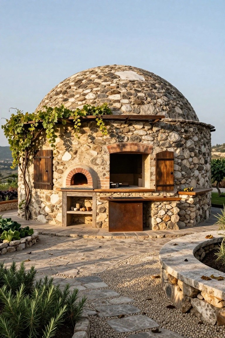 Rounded stone dome pavilion with brick wood-fired oven, wooden shutters, metal cabinet, stone countertop, and gravel path in a hillside garden.