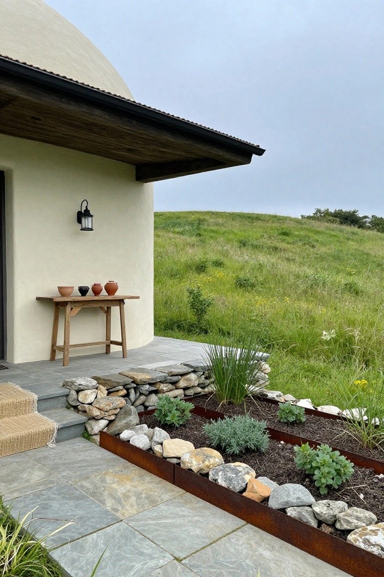 Beige curved dome house exterior showing entrance door with wall lantern, wooden trestle table holding three terracotta pots, stone steps, raised metal-edged garden beds with plants and rocks, and grassy hillside background.