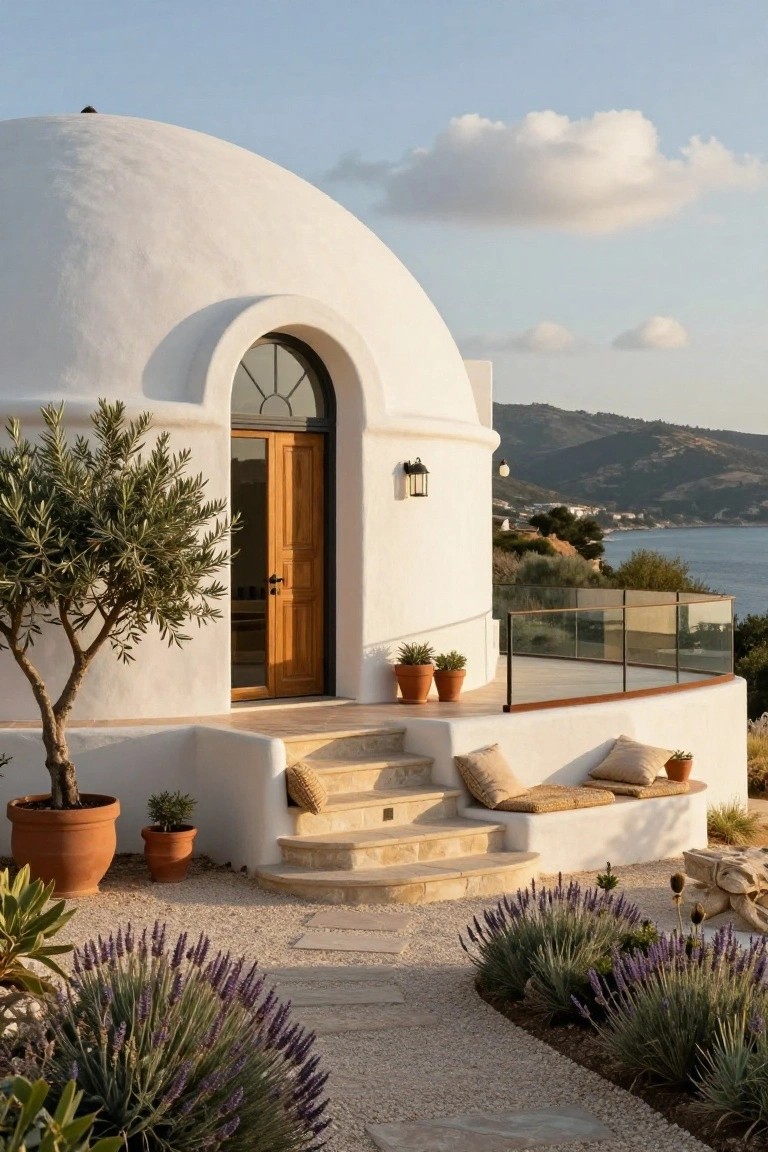 White dome-shaped house exterior on hillside with arched wooden entry door, stone steps with built-in beige cushions on bench, potted olive tree, lavender plants along gravel path, glass balcony railing, hills and sea view.