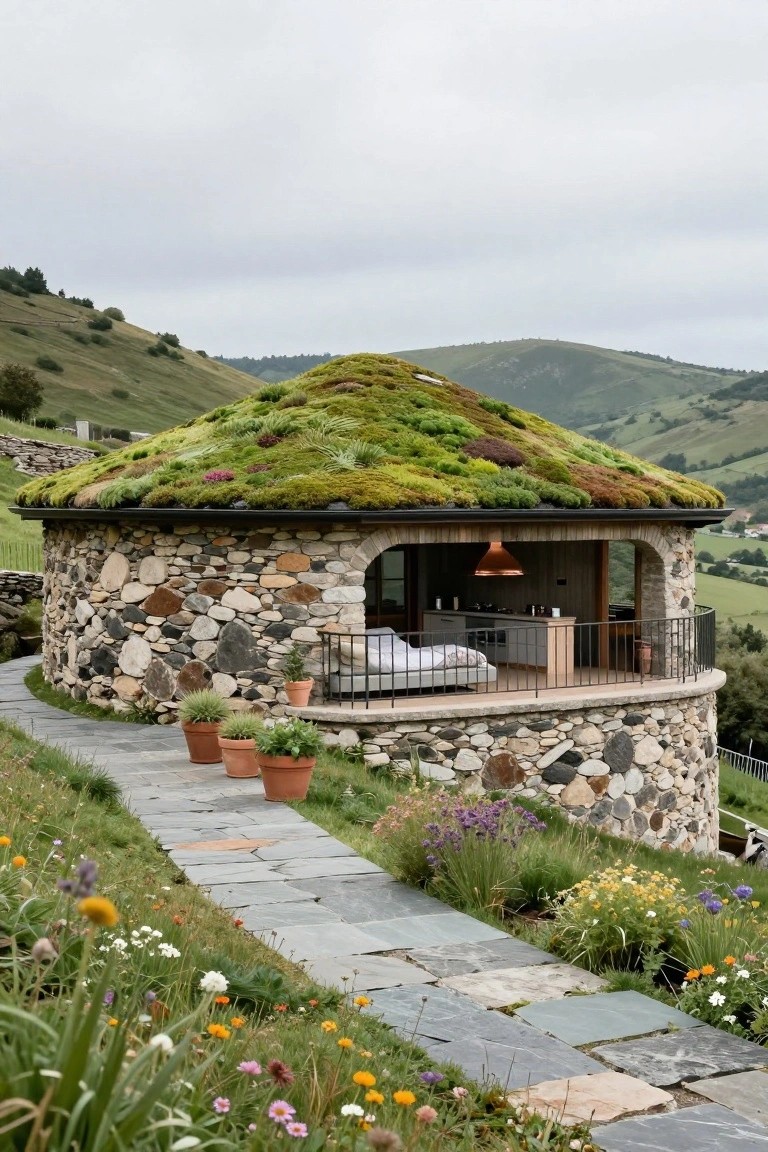 Circular stone house with green mossy living roof on a grassy hillside, open balcony with bed inside, potted plants nearby, stone path edged by wildflowers, misty mountains in background.