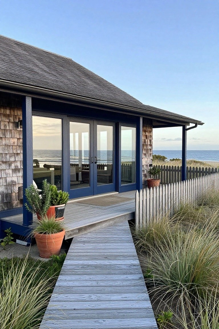 Gray wooden boardwalk path through dune grasses leading to the elevated deck and dark blue glass doors of a shingle-clad beach house, with ocean visible through the doors and white picket fence nearby.