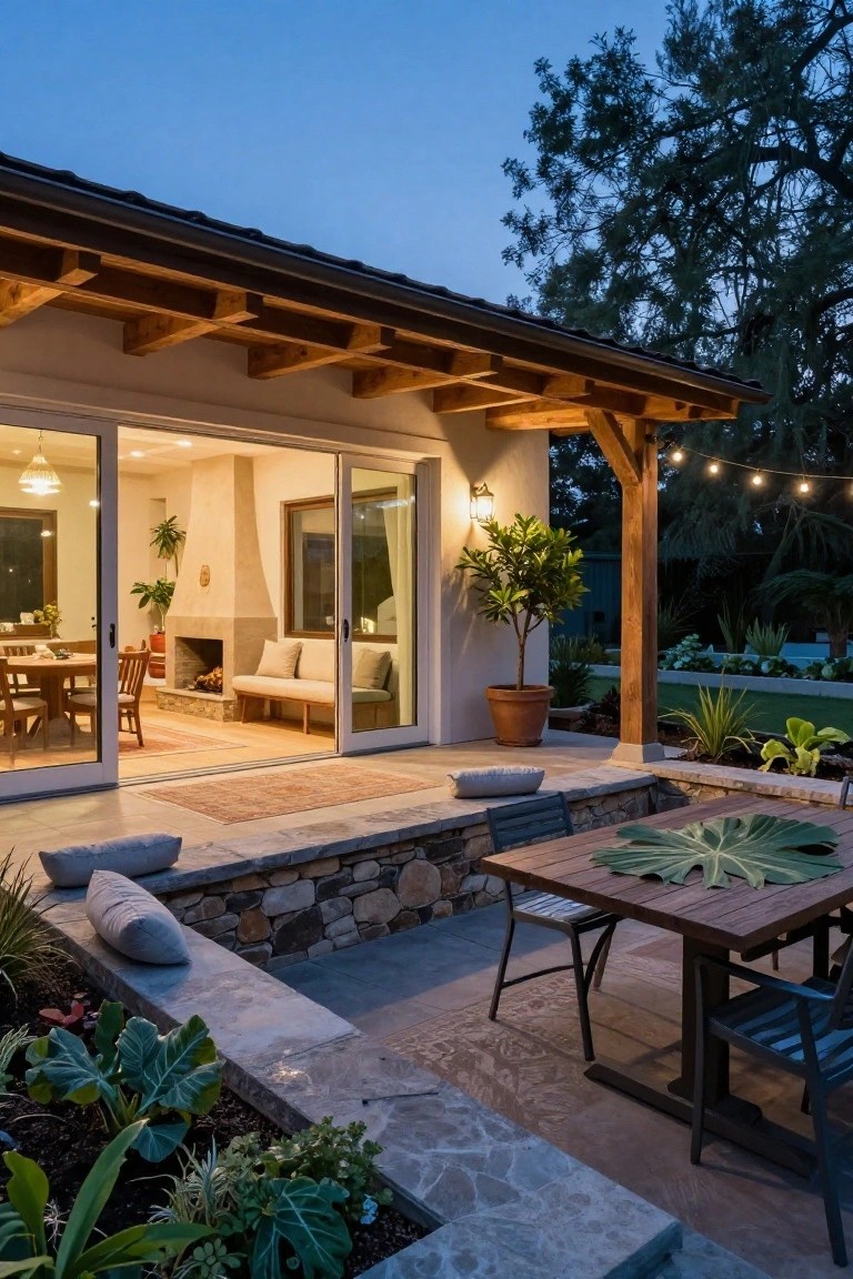Backyard patio of a stucco ranch-style home at dusk with open sliding glass doors to interior, exposed wooden beam cover, stone retaining wall, wooden dining table with chairs, potted plants, and string lights.