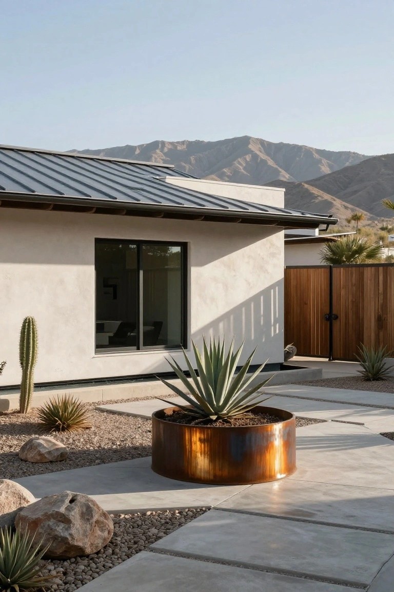 Side exterior of a single-story white stucco house with dark standing-seam metal roof, large black-framed sliding window, wooden slat gate, potted agave plant in copper container, gravel path with rocks and desert plants, mountains in background.