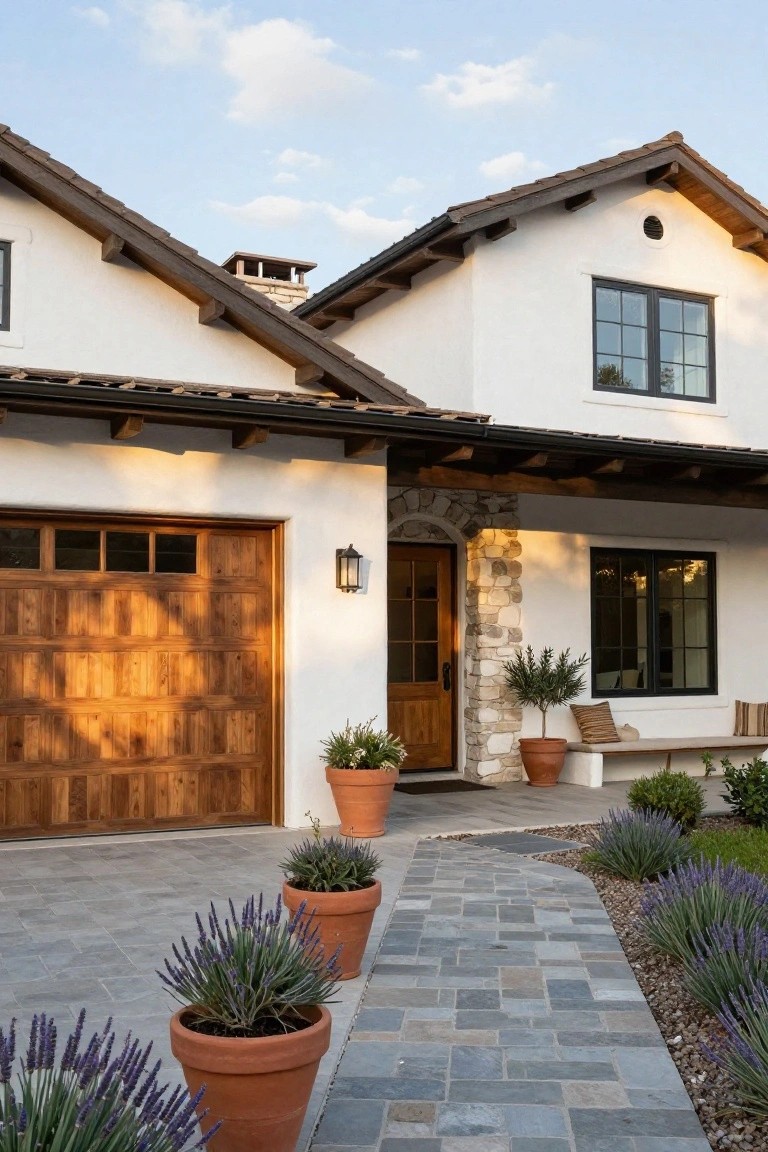 White stucco single-story house exterior featuring a wooden paneled garage door, stone-arched wooden entry door flanked by lanterns, black-framed windows, and terracotta pots of lavender along a stone pathway.