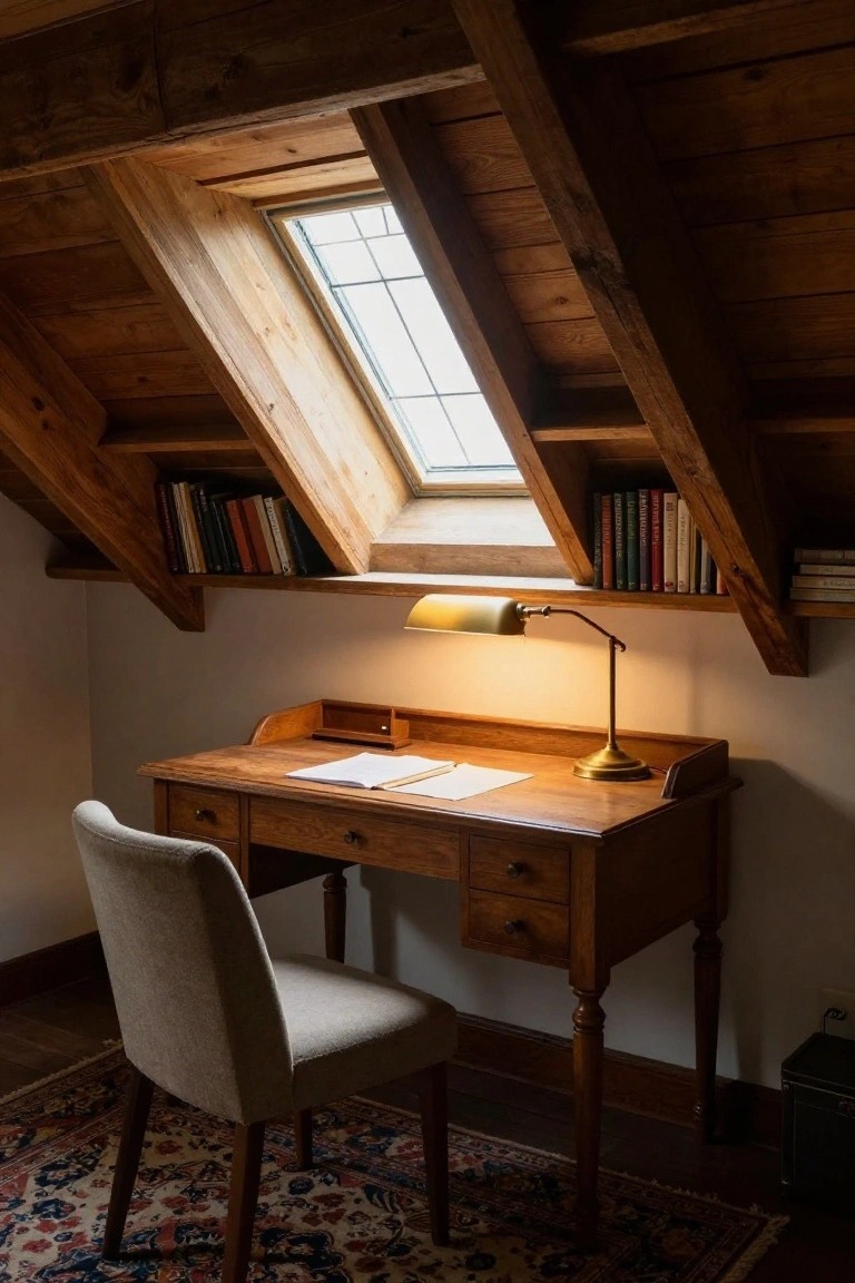 Cozy attic study featuring a wooden desk with open notebooks and brass lamp, built-in wooden bookshelves flanking a skylight in sloped beamed ceiling, beige walls, upholstered chair, and Persian rug on wood floor.