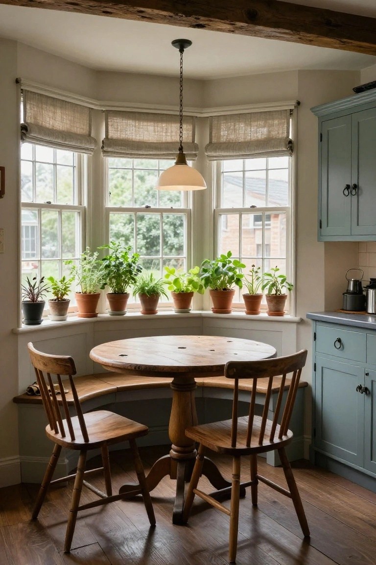Cozy kitchen bay window nook with round wooden pedestal table, two wooden chairs, multiple potted herb plants on the wide sill, beige roman shades, exposed wood beams, and light blue cabinets.