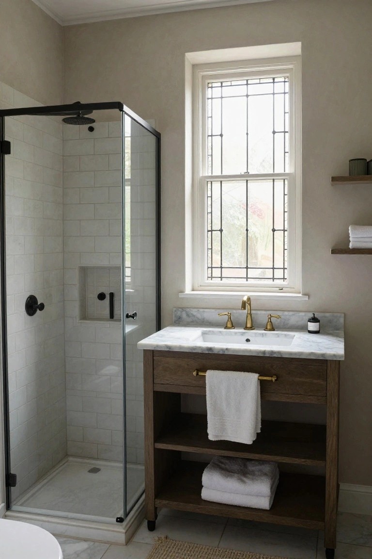 Corner walk-in shower with black metal frame and glass doors enclosing white subway tile walls and floor, next to a wooden vanity cabinet with white marble countertop, undermount sink, gold bridge faucet, and stained glass window in a light-colored bathroom.