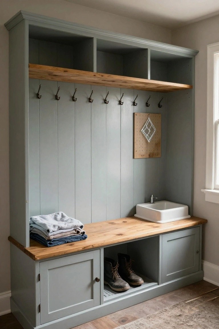 Tall gray painted wooden cabinet in a room with coat hooks on paneled doors, wooden top shelf, bench with white sink, and lower cabinets storing boots.