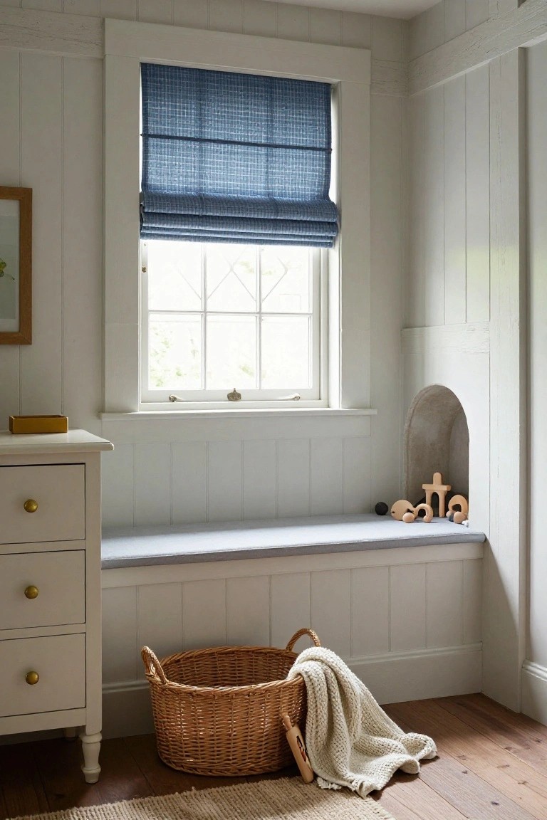 White paneled interior room with a window featuring blue roman shade, built-in bench seat under the window, arched niche on the wall holding wooden toys, a dresser nearby, wicker basket with blanket, and wooden floor.
