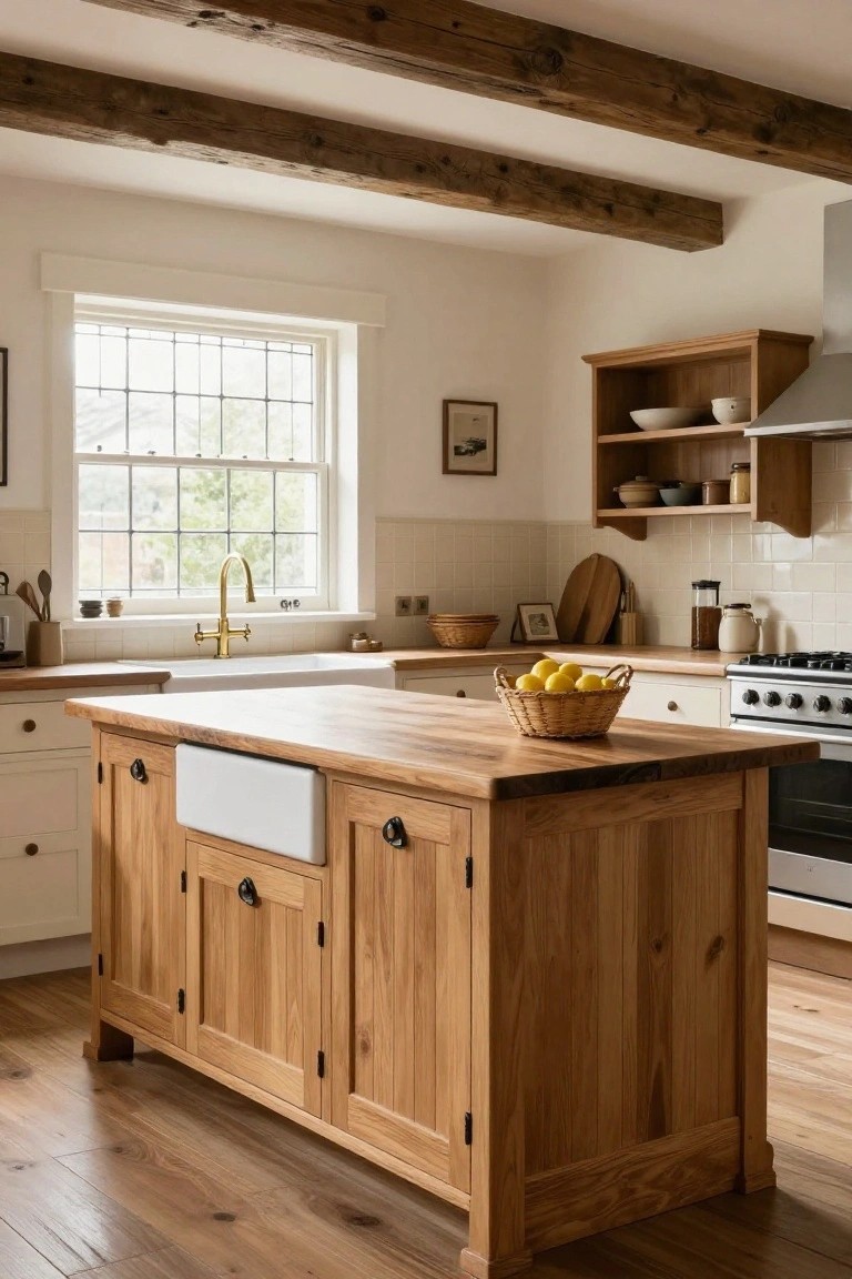 Cozy kitchen interior with wooden ceiling beams, white walls, cream cabinets, wooden open shelving, a large freestanding oak island topped with a wicker basket of lemons and featuring a white farmhouse sink, brass faucet at a nearby counter, and hardwood flooring.