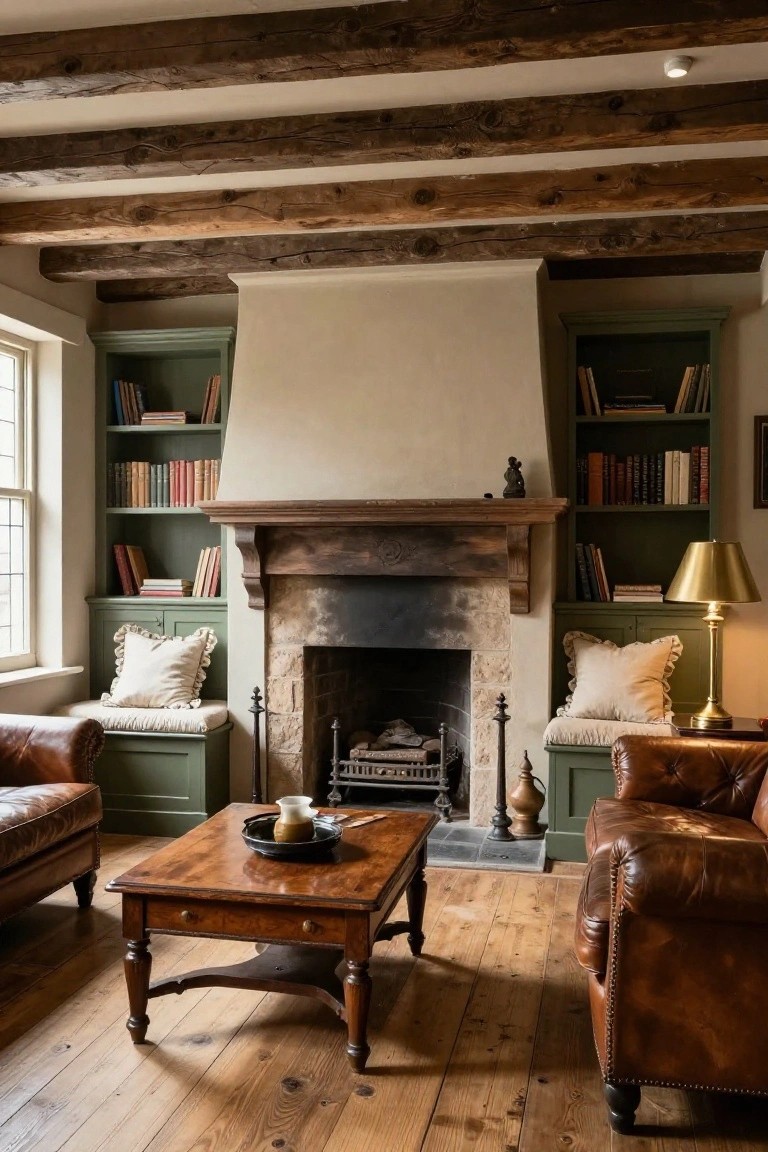 Warmly lit cozy living room interior with exposed dark wooden ceiling beams, sage green built-in bookshelves and window seat benches flanking a large stone fireplace, two brown leather armchairs, wooden coffee table with teapot, brass lamp, and hardwood floors.