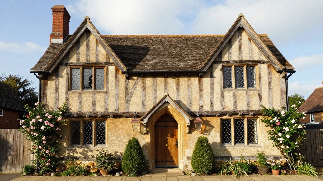 Two-story Tudor house exterior featuring black half-timber framing on white plaster walls, steeply pitched gabled roof with brick chimney, leaded glass windows, arched wooden front door with lanterns, and potted plants on either side.