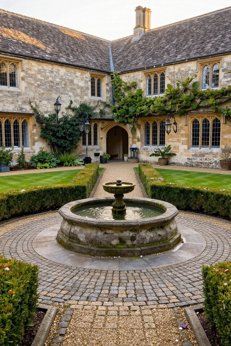 Stone Tudor-style house with ivy-covered walls, Gothic windows, and lantern lights frames a symmetrical courtyard featuring a central circular stone fountain surrounded by boxwood hedges and gravel paths.