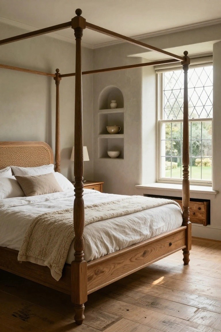 A bedroom interior with a tall wooden four-poster bed featuring a cane headboard, white bedding with a cream throw, plaster walls with arched niches holding pottery, a small table with lamp, leaded glass window overlooking greenery, and oak wood floors.