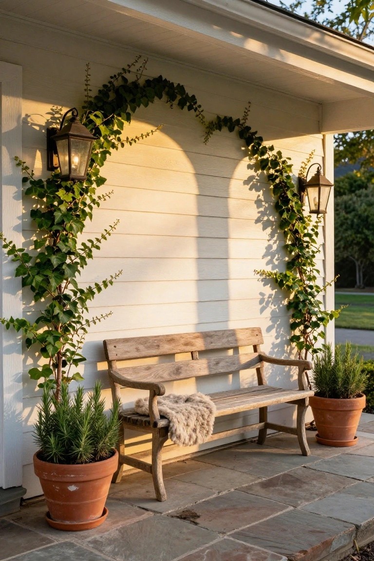 Wooden bench with sheepskin throw under ivy-covered arch on white shiplap porch wall flanked by lanterns and potted rosemary plants on stone paver floor