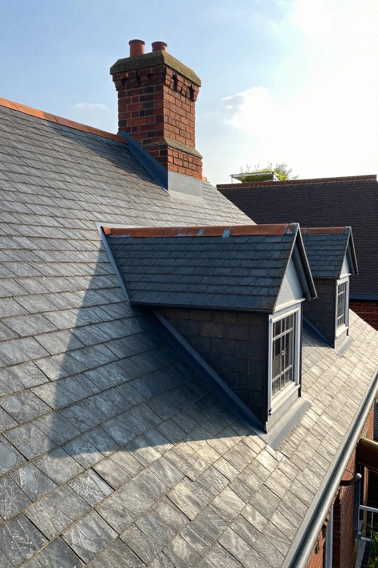 Close-up of a house roof with dark gray slate tiles, two white-framed gabled dormer windows, a brick chimney stack, copper flashing details, and adjacent roofs under a partly cloudy blue sky.