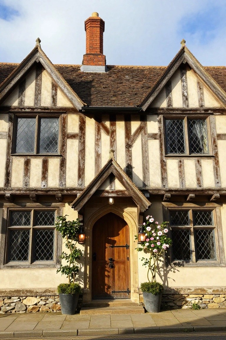 Two-story Tudor house exterior featuring black half-timber framing on white plaster walls, steeply pitched gabled roof with brick chimney, leaded glass windows, arched wooden front door with lanterns, and potted plants on either side.