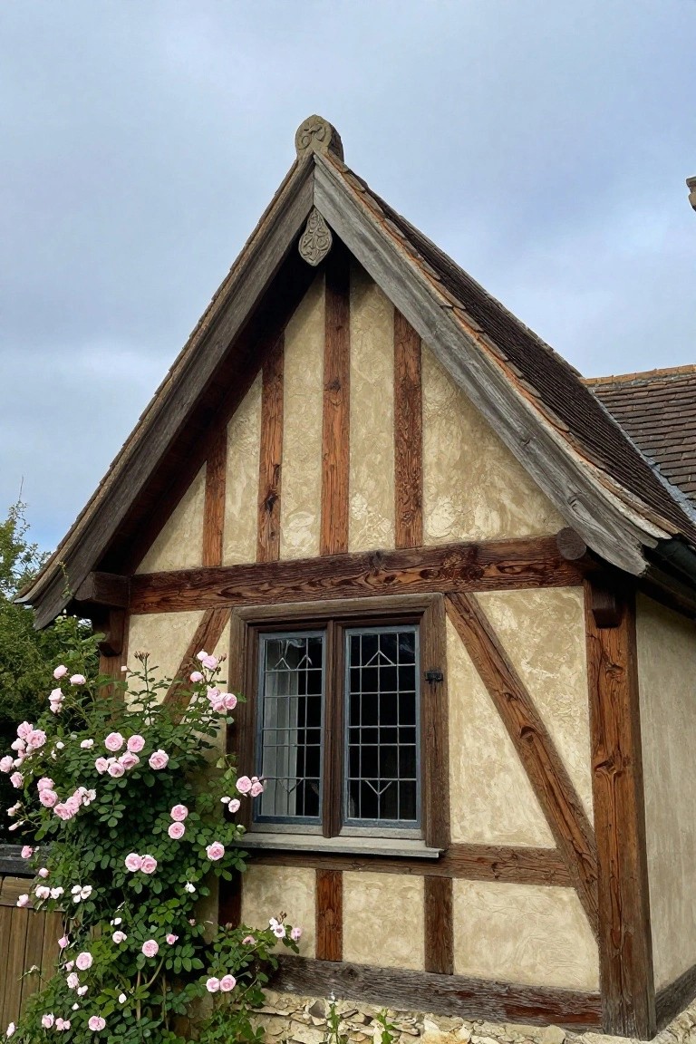Close-up view of a gabled Tudor house exterior with dark timber framing on beige plaster walls, a leaded glass window, and pink climbing roses growing up the side.