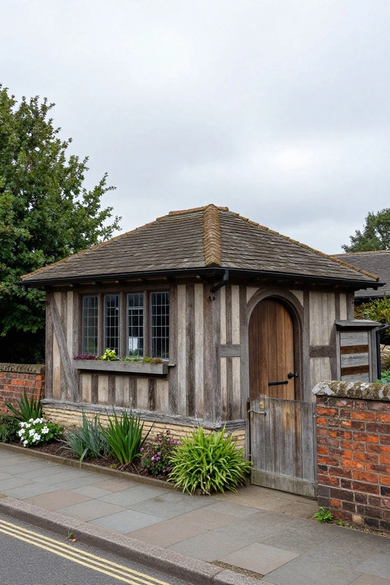 Small timber-framed wooden building with leaded windows, flower box of plants, arched door, brick wall enclosure, low plants, and paved path beside a road.