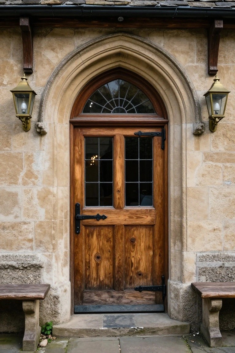 Stone arched doorway with wooden door featuring glass panels and black iron hardware, flanked by lanterns and wooden benches on a stone pathway.