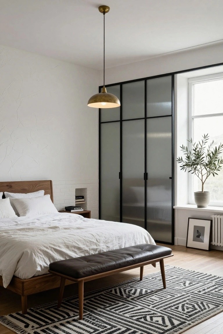 White bedroom with low wooden platform bed draped in white linens, brown leather bench at foot, tall black metal-framed frosted glass wardrobe doors, brass pendant light overhead, potted olive tree by window, and black-and-white patterned rug on wood floor.