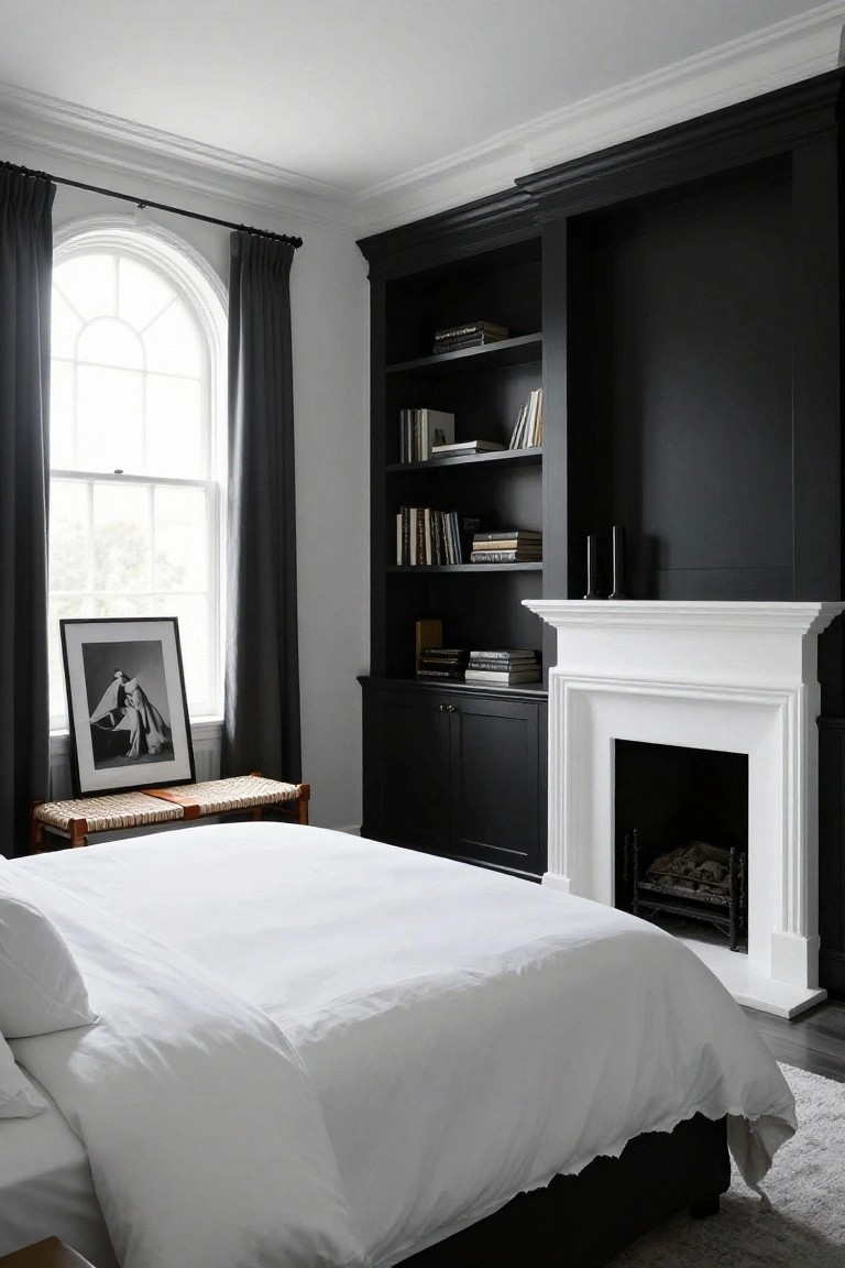 Bedroom with white bed on dark frame, black built-in bookshelves and cabinets around white fireplace mantel, gray curtains on arched window, rattan bench, and black and white art.
