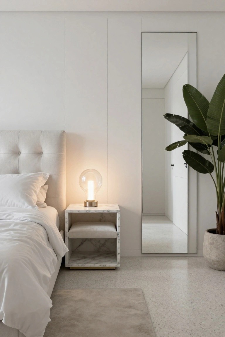 Modern minimalist bedroom with marble nightstand, glowing lamp, and tall mirror.