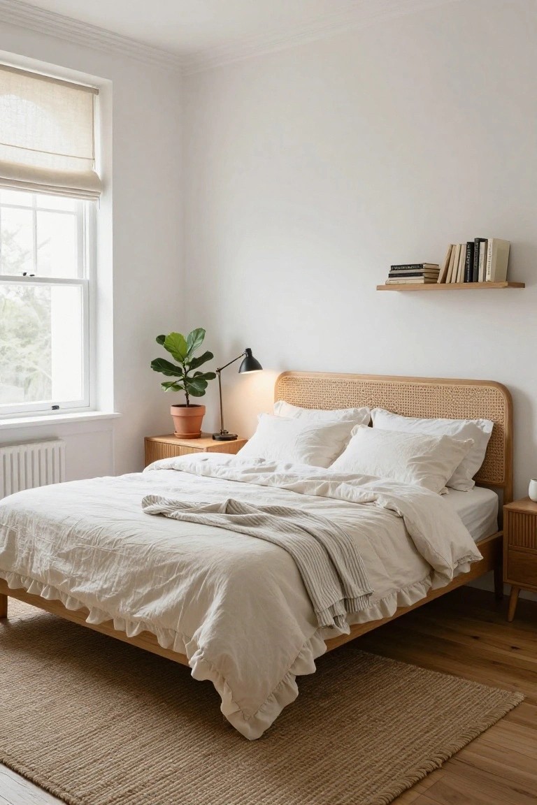 A bedroom with white walls, a queen bed featuring a rattan headboard and white linen bedding, wooden nightstand holding a potted fiddle leaf fig and lamp, floating wooden shelves with books, linen window shade, and seagrass rug on wood floors.
