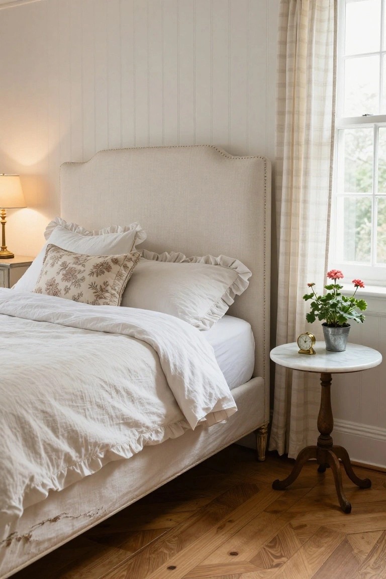 White upholstered bed with ruffled white linens, stacked pillows including one with beige floral print, beside marble pedestal table holding brass clock and potted geranium plant, in bedroom with white paneled walls, sheer plaid curtains, and hardwood floors.