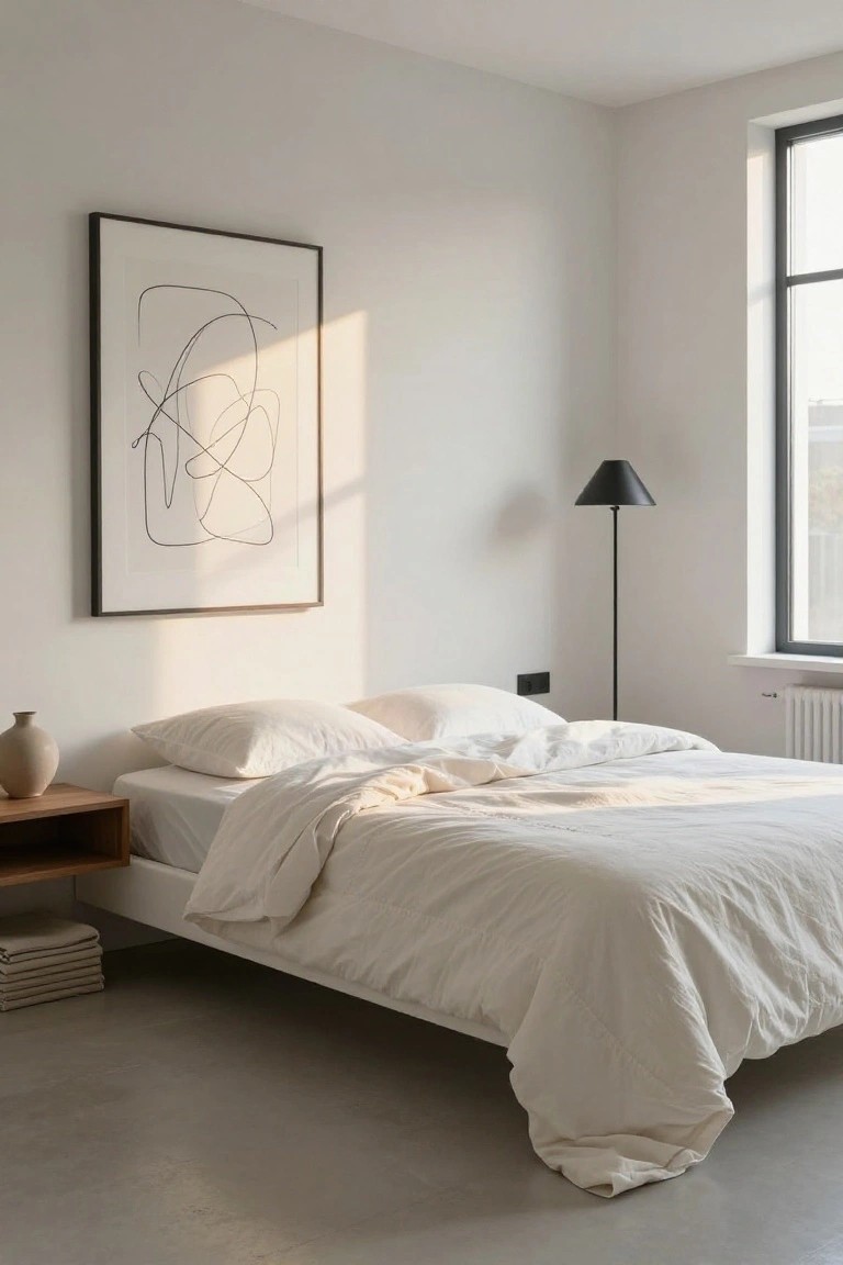 Minimalist bedroom with low white platform bed covered in rumpled white duvet and pillows, wooden nightstand with vase and stacked towels, black floor lamp, large framed abstract line drawing on wall, large window with sunlight, concrete floor.