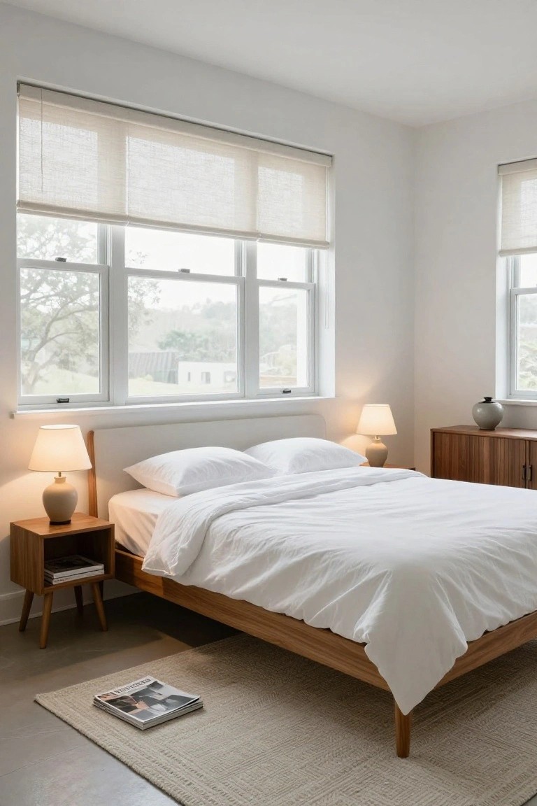A minimalist bedroom featuring a low wooden platform bed with white bedding, two wooden nightstands each with a ceramic lamp, large triple windows with beige linen shades, a wooden dresser with a vase, and a seagrass rug on a light floor.