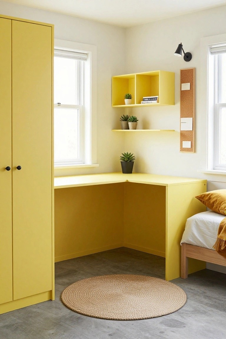 A small bedroom corner with a yellow corner desk, adjacent yellow wardrobe, yellow wall shelves holding plants and books, a corkboard, beige seagrass rug on concrete floor, and a bed with yellow pillows and throw.