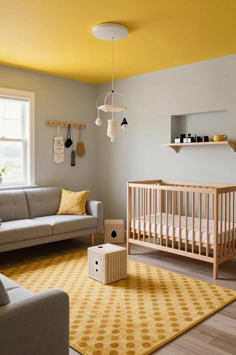Nursery interior with yellow ceiling, light gray walls, wooden crib with mattress, gray sofa with yellow pillow, yellow polka-dot rug, woven storage baskets, and hanging mobile above.