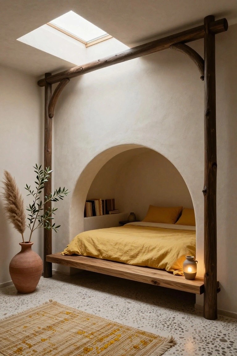 Bedroom with a built-in bed in a beige arched plaster alcove framed by dark wooden beams, yellow bedding, pillows, books on a shelf, potted plants, a rug, and terrazzo floor.