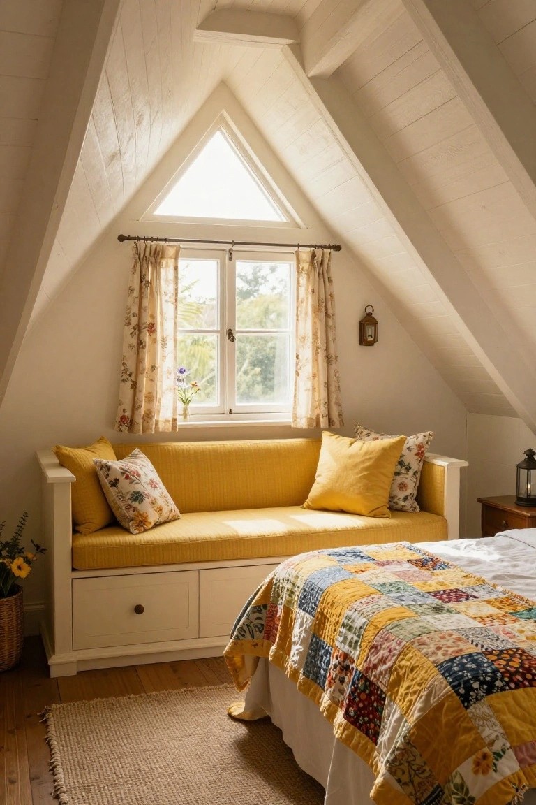 Attic bedroom with sloped white wooden ceilings, yellow upholstered daybed with floral pillows and storage drawers, patchwork quilt on adjacent bed, window with floral curtains, wooden floors, and potted plants.