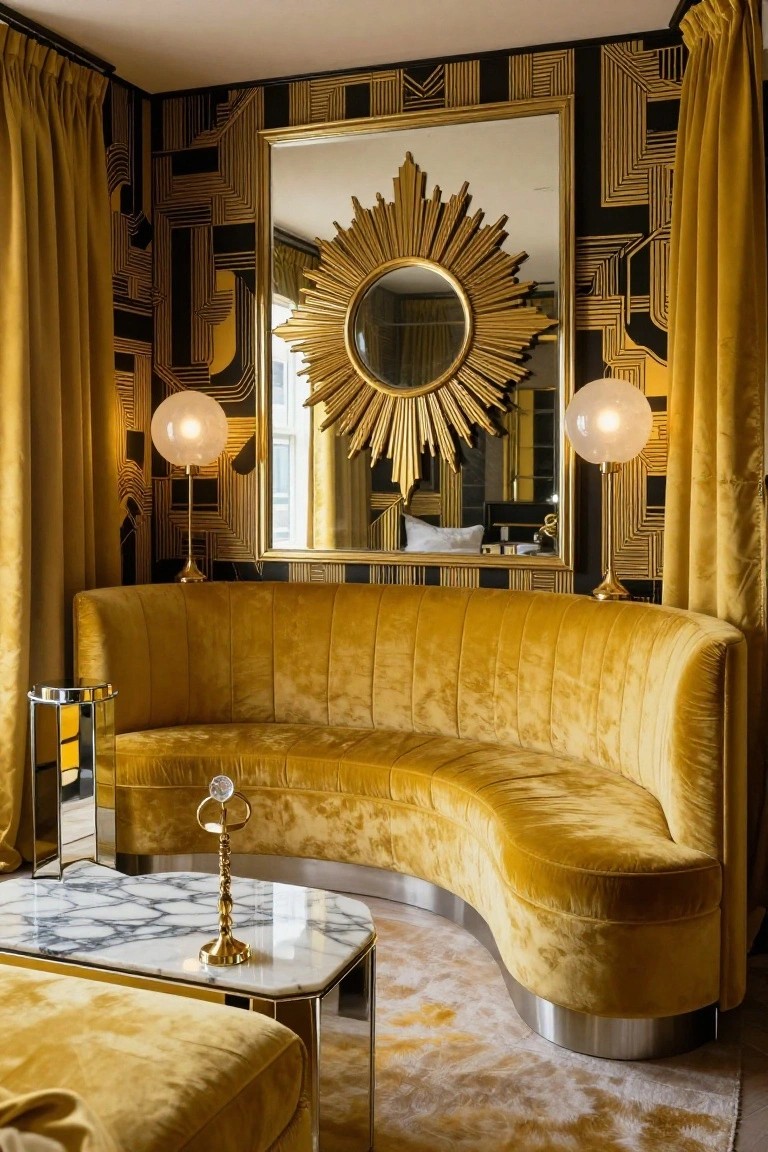 Curved yellow velvet sofa in a room corner with gold sunburst mirror, globe lamps, marble table, patterned black and gold walls, and yellow velvet curtains.