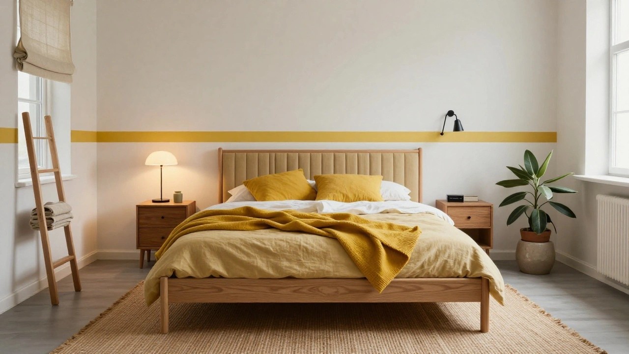 Bedroom corner featuring a wooden slatted headboard bed with yellow linen bedding and green throw, oak nightstand, ladder shelf on wall with yellow painted lower section, potted plant, and window with beige blinds.