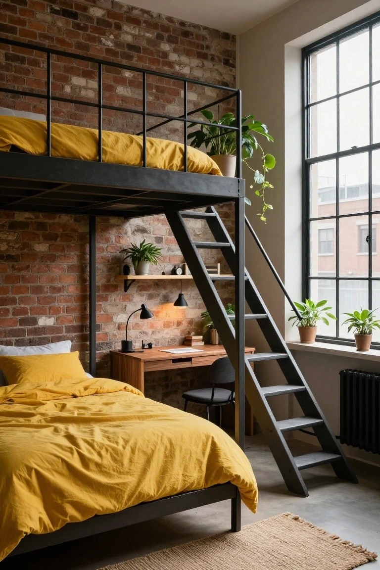 Small bedroom interior with black metal lofted bunk bed draped in yellow bedding, wooden desk and chair below, exposed brick walls, potted plants, and large window.