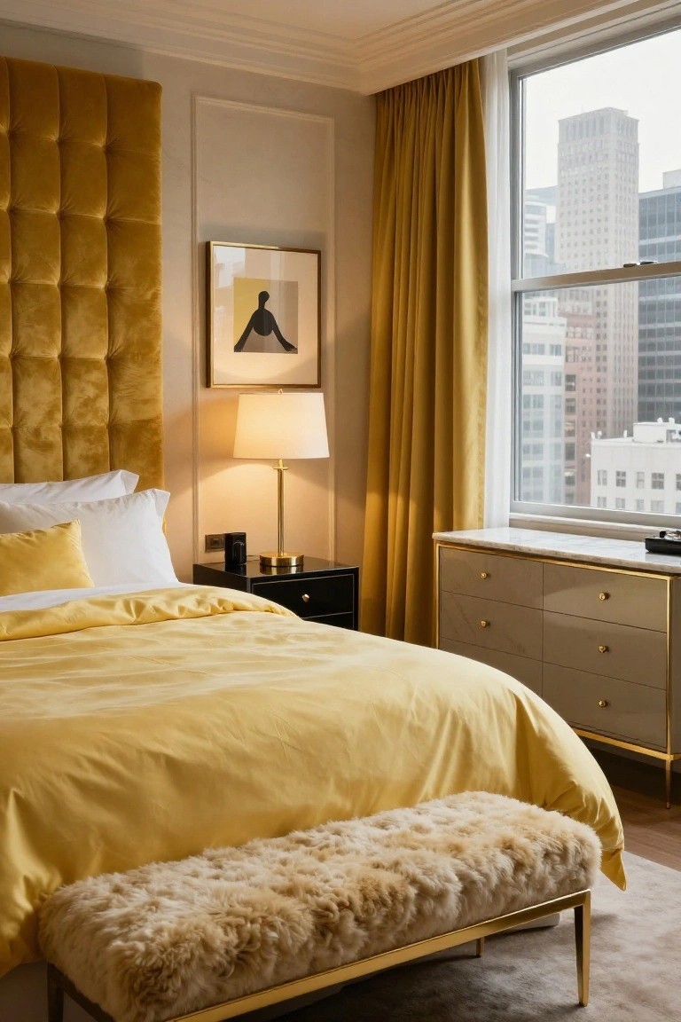 A bedroom with a tall tufted mustard yellow velvet headboard, yellow satin bedding, white pillows, yellow throw pillow, black nightstand with lamp, beige dresser, gold bench with sheepskin, and window with city skyline view.