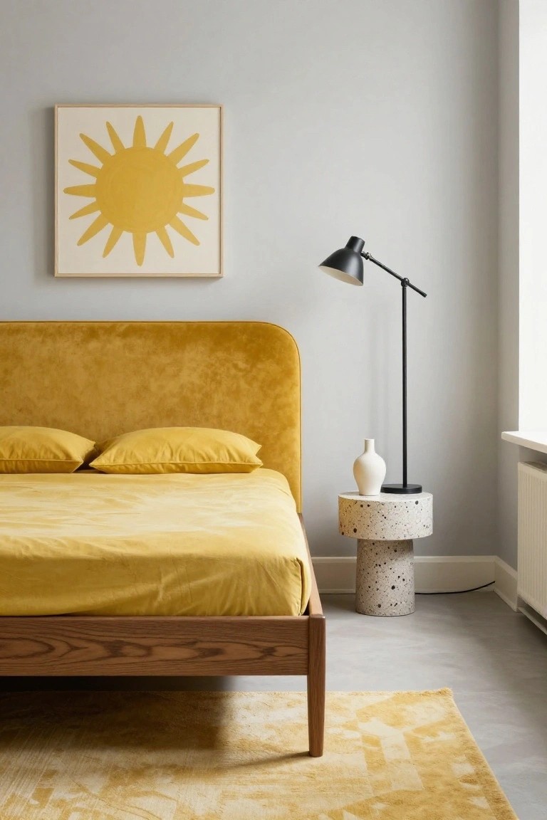 Bedroom with mustard yellow velvet headboard and bedding on a wood frame bed, white ceramic vase on terrazzo side table next to black floor lamp, yellow sun artwork on light gray wall.