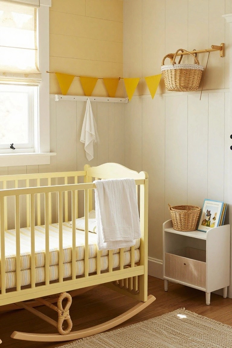A nursery room with pale yellow wooden rocking crib draped in white linens, yellow bunting flags on white paneled walls, woven baskets, and a small side table holding books.
