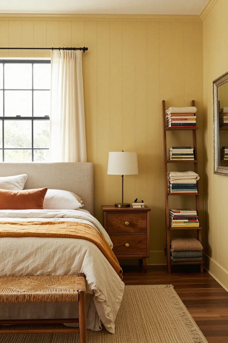 Bedroom with pale yellow vertical paneled walls, beige upholstered bed with white linens orange throw and pillows, wooden nightstand with white lamp, tall wooden ladder shelf holding books and folded blankets, black-framed window with white curtains, and hardwood floor with seagrass rug.