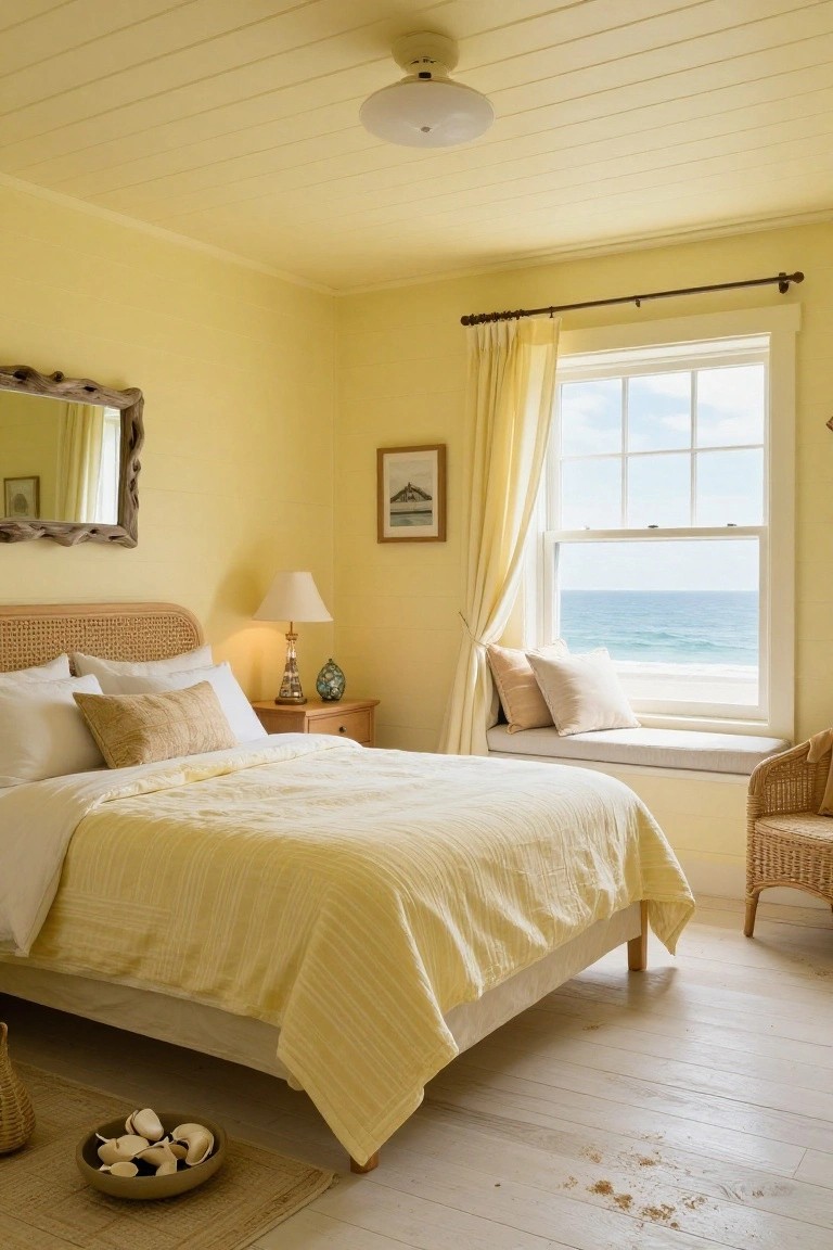 A cozy bedroom with pale yellow paneled walls and ceiling, rattan bed with yellow bedding, bedside table with lamp, window seat with pillows overlooking the ocean, and wooden floors.